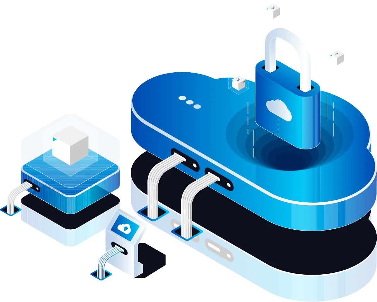 Illustration of a secure cloud platform with a padlock, connected servers, and network cables